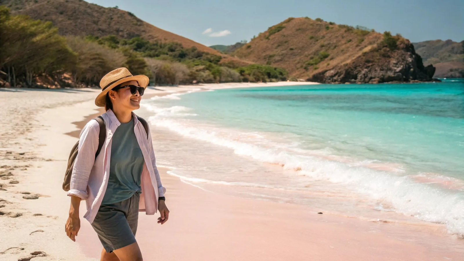 A woman walking on pink sand beach in Komodo National Park