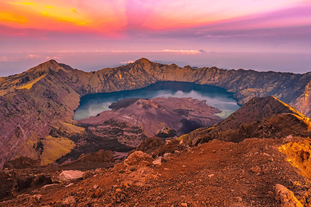 The crater lake of Mount Rinjani in Lombok, Indonesia