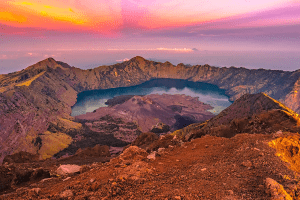 The crater lake of Mount Rinjani in Lombok, Indonesia