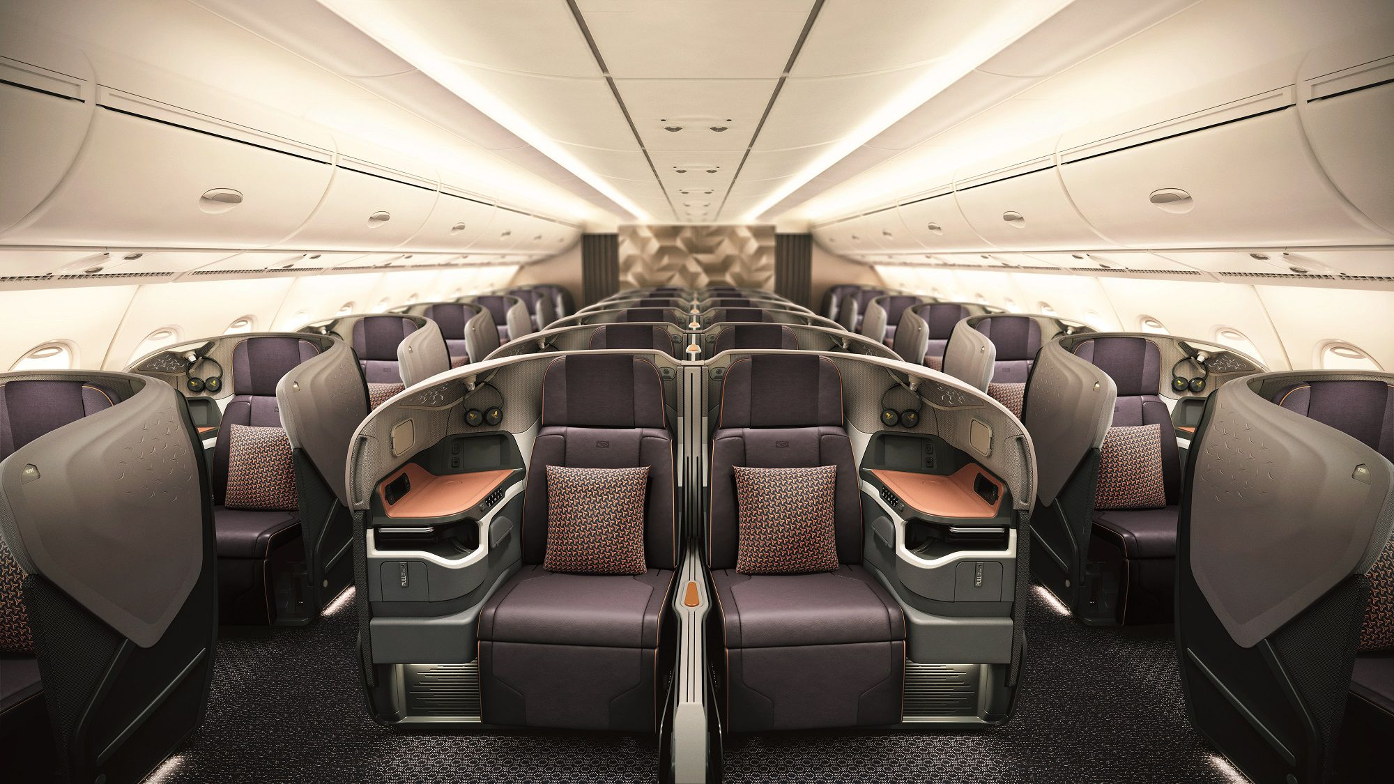 A Singapore Airlines plane cabin, business seating