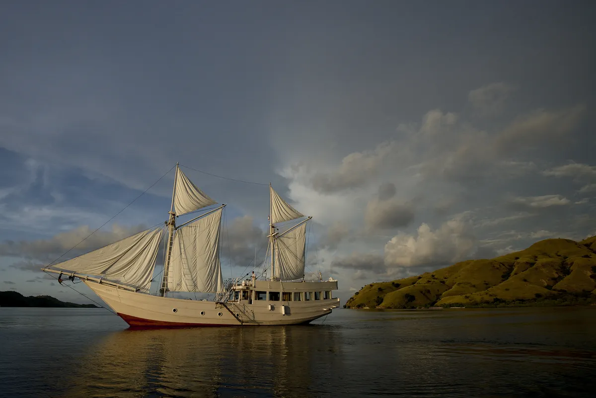 Sailing yacht with white sails near green hills